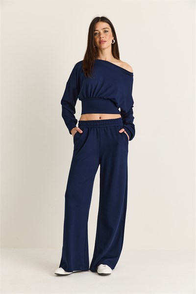 Kadın Kayık Yaka Beli Korseli Crop Bluz Cep Detaylı Palazzo Pantolon Modal Takım 36049 60286542 - Lacivert