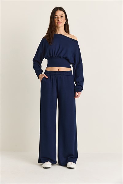 Kadın Kayık Yaka Beli Korseli Crop Bluz Cep Detaylı Palazzo Pantolon Modal Takım 36049 60286542 - Lacivert