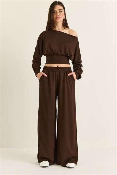 Kadın Kayık Yaka Beli Korseli Crop Bluz Cep Detaylı Palazzo Pantolon Modal Takım 36049 60286542 - Acı Kahve ALT - ÜST TAKIM modelleri