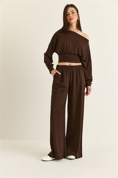 Kadın Kayık Yaka Beli Korseli Crop Bluz Cep Detaylı Palazzo Pantolon Modal Takım 36049 60286542 - Acı Kahve