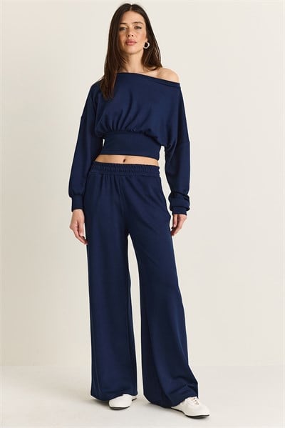 Kadın Kayık Yaka Beli Korseli Crop Bluz Cep Detaylı Palazzo Pantolon Modal Takım 36049 60286542 - Lacivert ALT - ÜST TAKIM modelleri