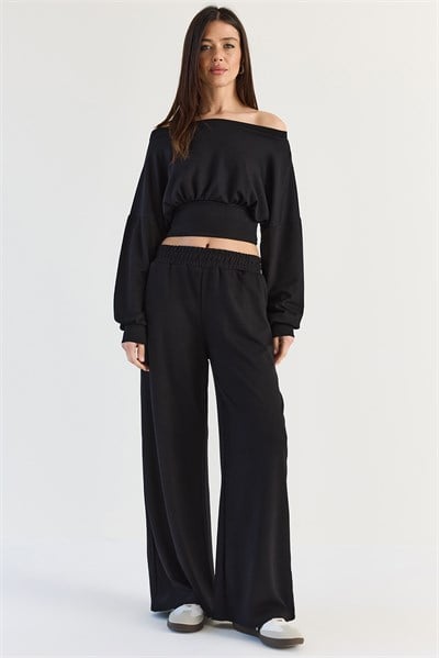 Kadın Kayık Yaka Beli Korseli Crop Bluz Cep Detaylı Palazzo Pantolon Modal Takım 36049 60286542 - Siyah