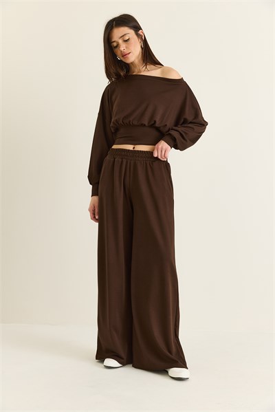 Kadın Kayık Yaka Beli Korseli Crop Bluz Cep Detaylı Palazzo Pantolon Modal Takım 36049 60286542 - Acı Kahve