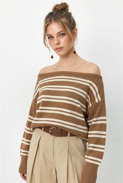 Kadın Kayık Yaka Çizgili Triko Kazak 34105 60283909 - Camel