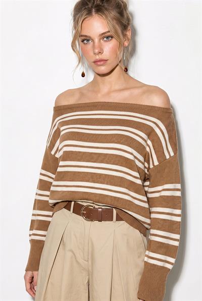 Kadın Kayık Yaka Çizgili Triko Kazak 34105 60283909 - Camel
