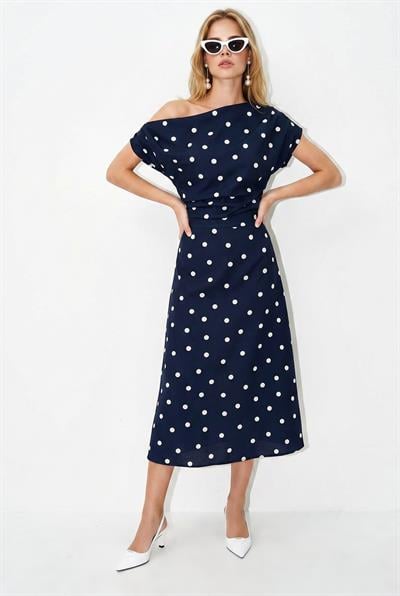 Kadın Kayık Yaka Drape Detaylı Puantiyeli Midi Elbise 8708 60286184 - Lacivert-Ekru