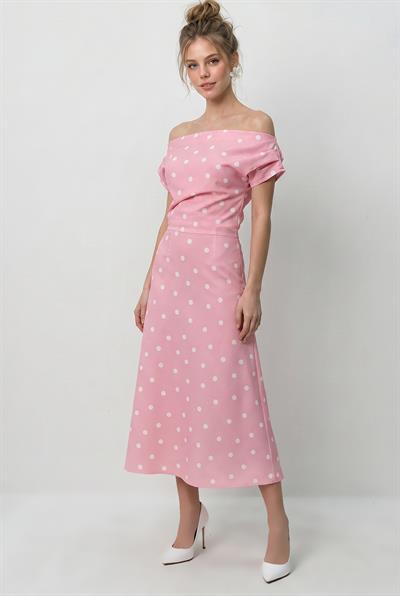 Kadın Kayık Yaka Drape Detaylı Puantiyeli Midi Elbise 8708 60286184 - Pembe-Ekru