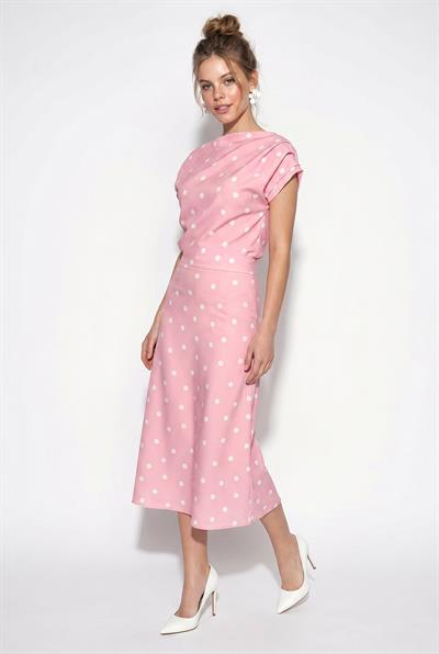 Kadın Kayık Yaka Drape Detaylı Puantiyeli Midi Elbise 8708 60286184 - Pembe-Ekru