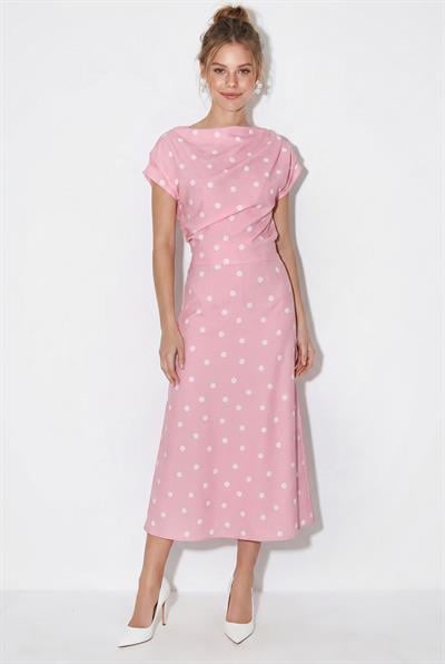 Kadın Kayık Yaka Drape Detaylı Puantiyeli Midi Elbise 8708 60286184 - Pembe-Ekru