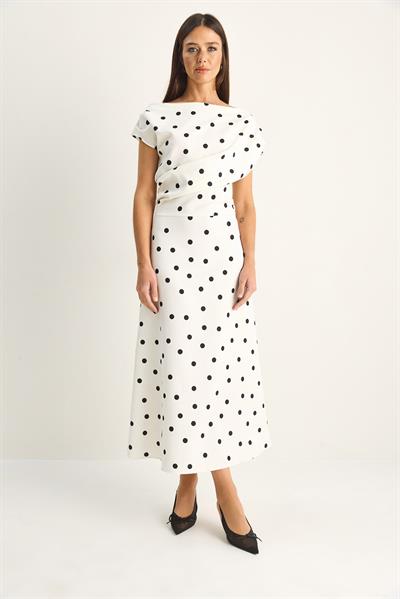 Kadın Kayık Yaka Drape Detaylı Puantiyeli Midi Elbise 8708 60286184 - Ekru-Siyah