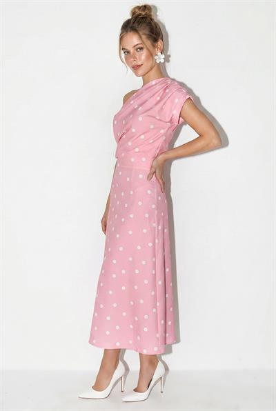 Kadın Kayık Yaka Drape Detaylı Puantiyeli Midi Elbise 8708 60286184 - Pembe-Ekru