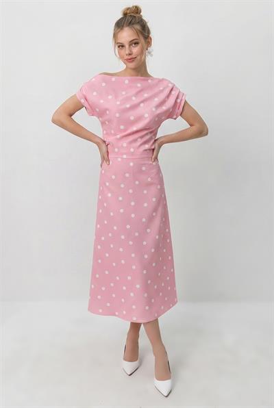 Kadın Kayık Yaka Drape Detaylı Puantiyeli Midi Elbise 8708 60286184 - Pembe-Ekru