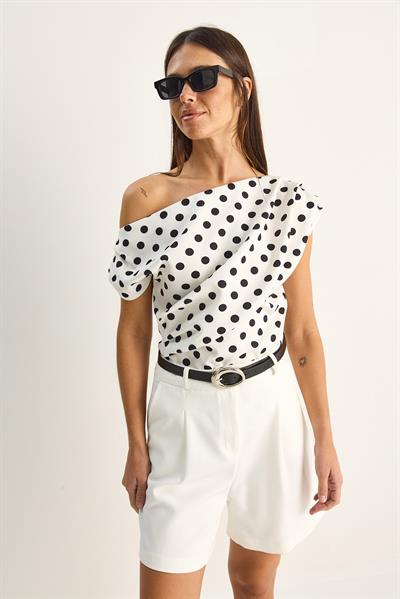 Kadın Kayık Yaka Drapeli Puantiyeli Double Bluz 71779 60286186 - Ekru-Siyah