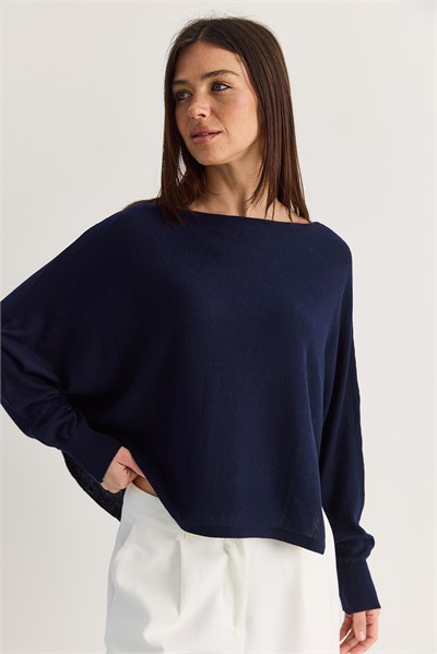 Kadın Kayık Yaka Oversize Kollu Merserize Pelerin Triko Bluz TK261145 60286540 - Lacivert