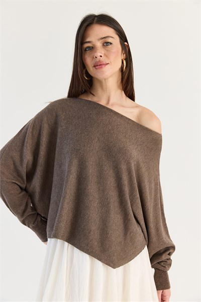 Kadın Kayık Yaka Oversize Kollu Merserize Pelerin Triko Bluz TK261145 60286540 - Kahve