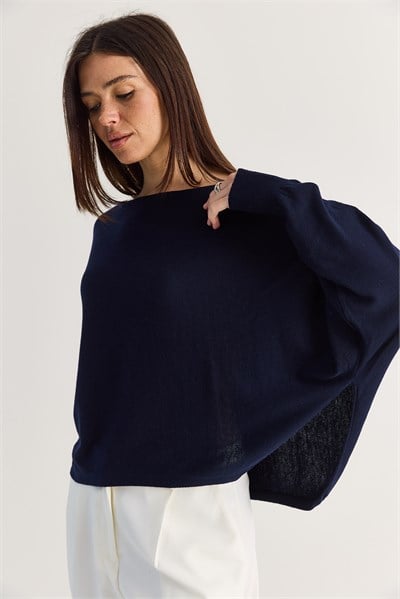 Kadın Kayık Yaka Oversize Kollu Merserize Pelerin Triko Bluz TK261145 60286540 - Lacivert