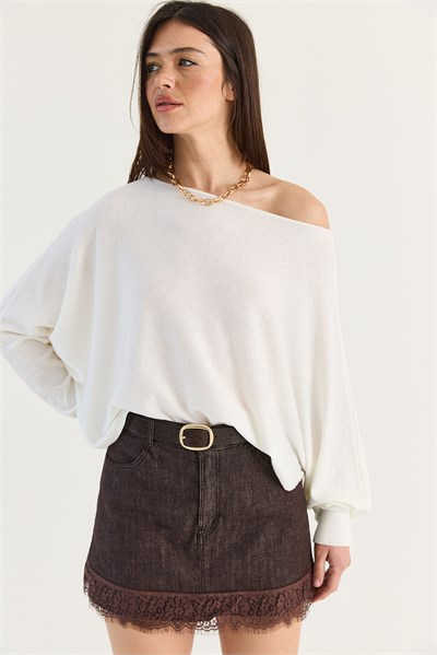 Kadın Kayık Yaka Oversize Kollu Merserize Pelerin Triko Bluz TK261145 60286540 - Krem
