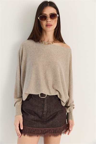 Kadın Kayık Yaka Oversize Kollu Merserize Pelerin Triko Bluz TK261145 60286540 - Bej