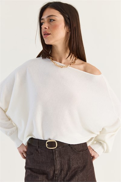 Kadın Kayık Yaka Oversize Kollu Merserize Pelerin Triko Bluz TK261145 60286540 - Krem