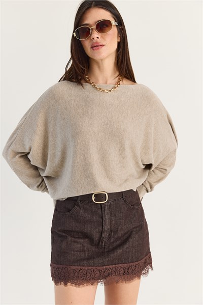 Kadın Kayık Yaka Oversize Kollu Merserize Pelerin Triko Bluz TK261145 60286540 - Bej