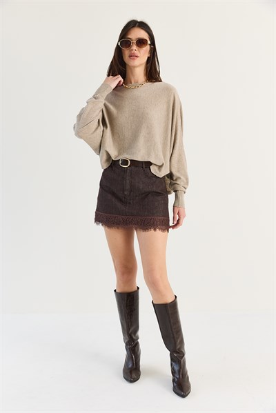 Kadın Kayık Yaka Oversize Kollu Merserize Pelerin Triko Bluz TK261145 60286540 - Bej
