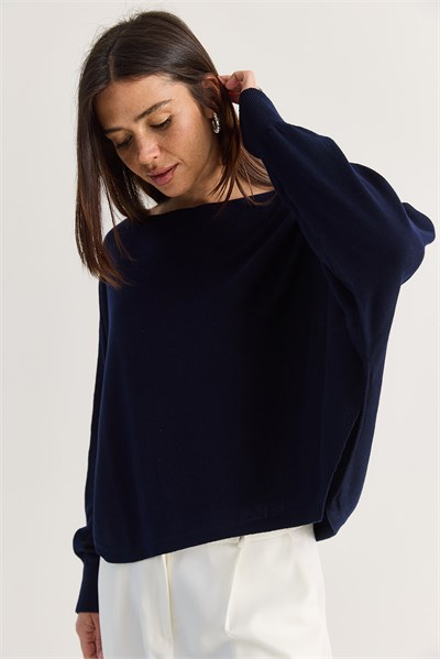 Kadın Kayık Yaka Oversize Kollu Merserize Pelerin Triko Bluz TK261145 60286540 - Lacivert