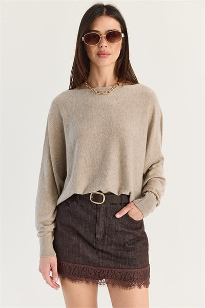 Kadın Kayık Yaka Oversize Kollu Merserize Pelerin Triko Bluz TK261145 60286540 - Bej