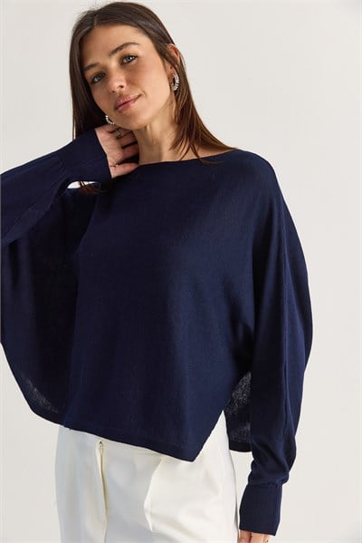 Kadın Kayık Yaka Oversize Kollu Merserize Pelerin Triko Bluz TK261145 60286540 - Lacivert