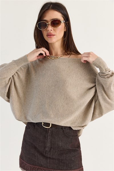 Kadın Kayık Yaka Oversize Kollu Merserize Pelerin Triko Bluz TK261145 60286540 - Bej