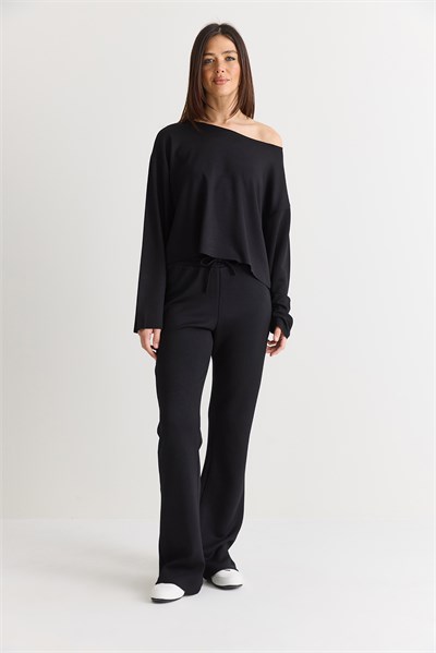 Kadın Kayık Yaka Salaş Bluz Yüksek Bel İspanyol Paça Pantolon Modal Basic Takım 12281 60286556 - Siyah
