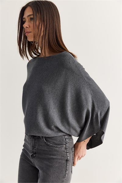 Kadın Kayık Yaka Yarasa Kol Oversize Crop Triko Kazak TK261126 60286718 - Füme