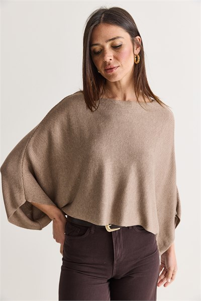 Kadın Kayık Yaka Yarasa Kol Oversize Crop Triko Kazak TK261126 60286718 - Vizon