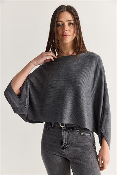 Kadın Kayık Yaka Yarasa Kol Oversize Crop Triko Kazak TK261126 60286718 - Füme
