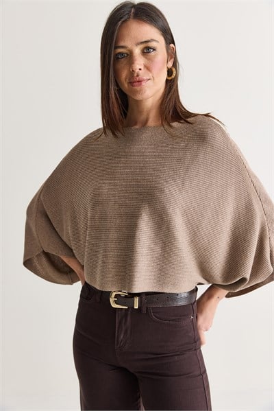 Kadın Kayık Yaka Yarasa Kol Oversize Crop Triko Kazak TK261126 60286718 - Vizon