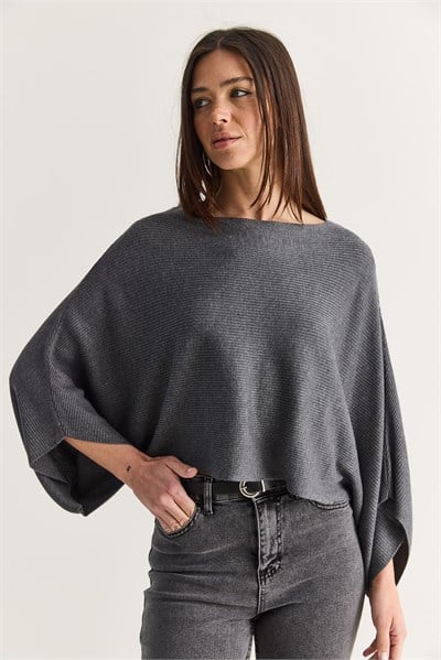 Kadın Kayık Yaka Yarasa Kol Oversize Crop Triko Kazak TK261126 60286718 - Füme