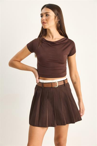 Kadın Kemer Detaylı Şortlu Pileli Mini Etek DE261049 60286196 - Acı Kahve
