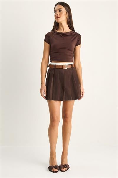 Kadın Kemer Detaylı Şortlu Pileli Mini Etek DE261049 60286196 - Acı Kahve