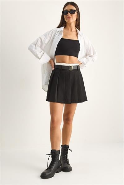 Kadın Kemer Detaylı Şortlu Pileli Mini Etek DE261049 60286196 - Siyah