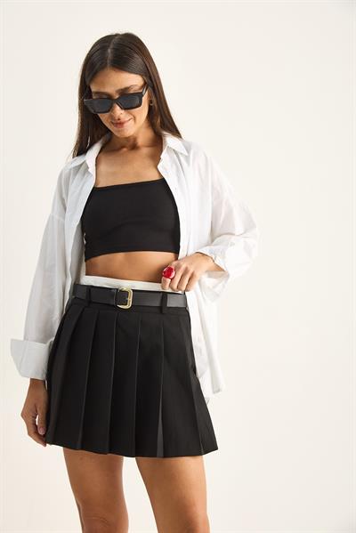 Kadın Kemer Detaylı Şortlu Pileli Mini Etek DE261049 60286196 - Siyah