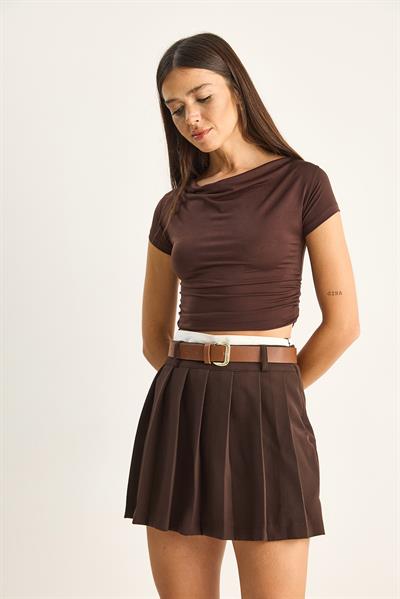 Kadın Kemer Detaylı Şortlu Pileli Mini Etek DE261049 60286196 - Acı Kahve