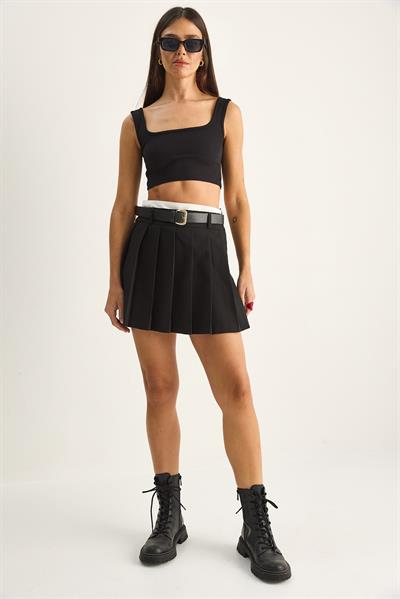 Kadın Kemer Detaylı Şortlu Pileli Mini Etek DE261049 60286196 - Siyah