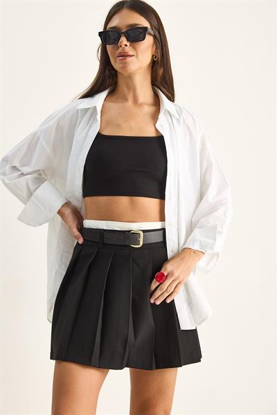 Kadın Kemer Detaylı Şortlu Pileli Mini Etek DE261049 60286196 - Siyah