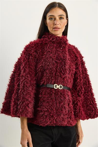 Kadın Kemer Detaylı Yumuşak Dokulu Peluş Panço 2817 60281120 - Bordo