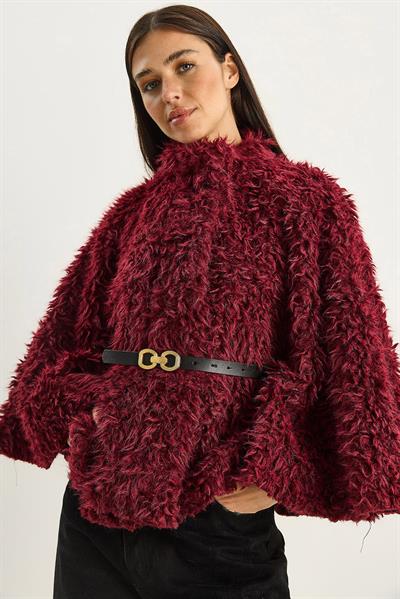 Kadın Kemer Detaylı Yumuşak Dokulu Peluş Panço 2817 60281120 - Bordo