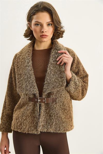 Kadın Kemerli Astarlı Keçe Ceket Kaban 2062 60283746 - Camel