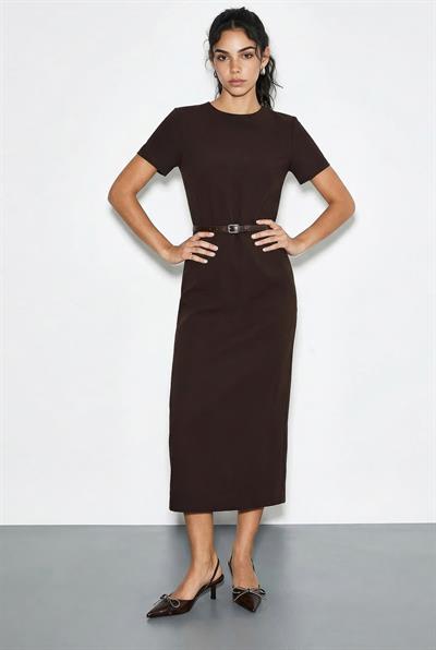 Kadın Kemerli Bisiklet Yaka Kalem Elbise 0573 60286014 - Acı Kahve