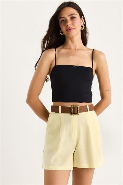 Kadın Kemerli Cep Detaylı İnce Keten Şort 2530 60281070 - Limon Sarısı
