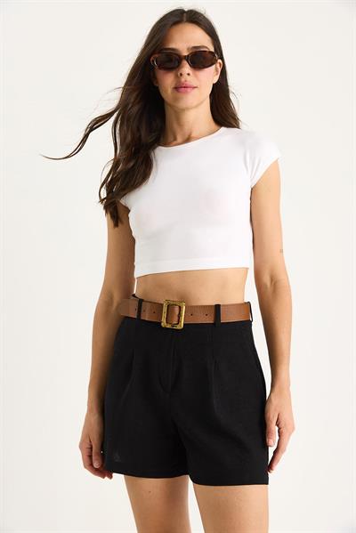 Kadın Kemerli Cep Detaylı İnce Keten Şort 2530 60281070 - Siyah