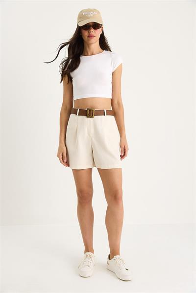 Kadın Kemerli Cep Detaylı İnce Keten Şort 2530 60281070 - Bej