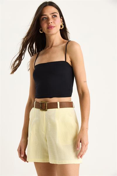 Kadın Kemerli Cep Detaylı İnce Keten Şort 2530 60281070 - Limon Sarısı